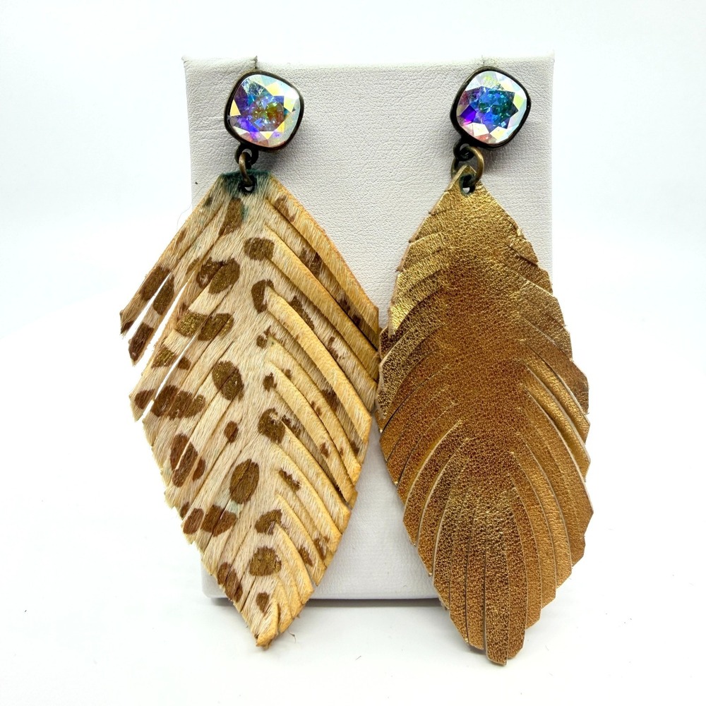 VTG Metallic Gold Tone Genuine Leather Calf Hair Cheetah Feather Drop Earrings